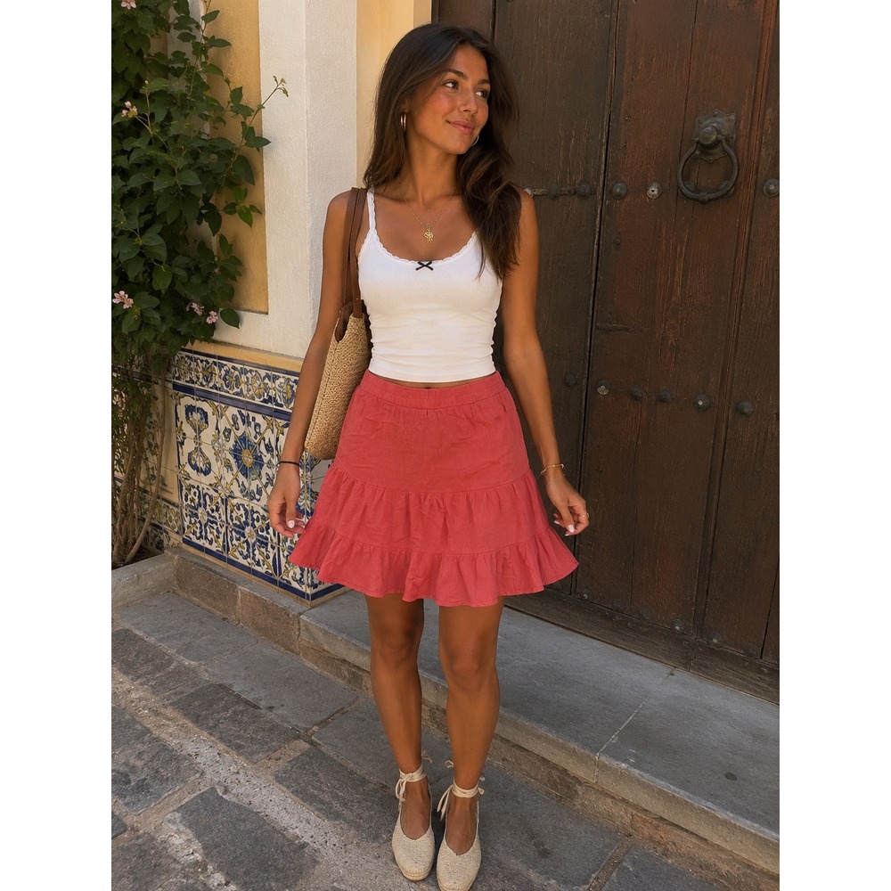 Janina‎ Tiered Mini Skirt Womens EUR 38 Coral Pink Excellent Ruffle Boho